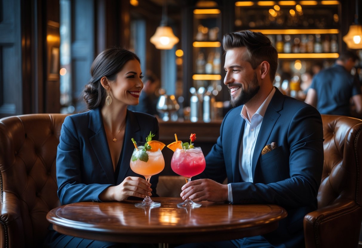 A couple enjoying cocktails together in a cozy lounge with vintage decor and warm lighting.