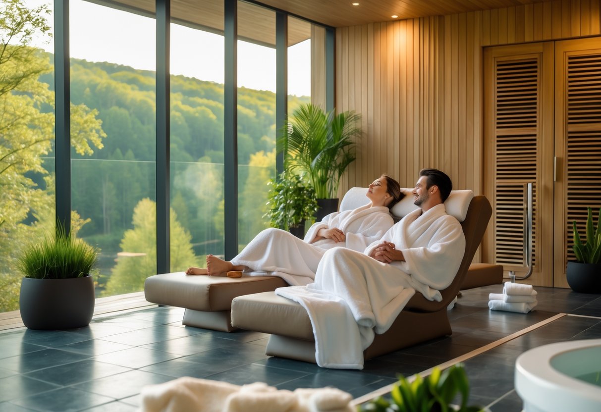 A couple relaxing in a luxury spa with large windows overlooking a green forest.
