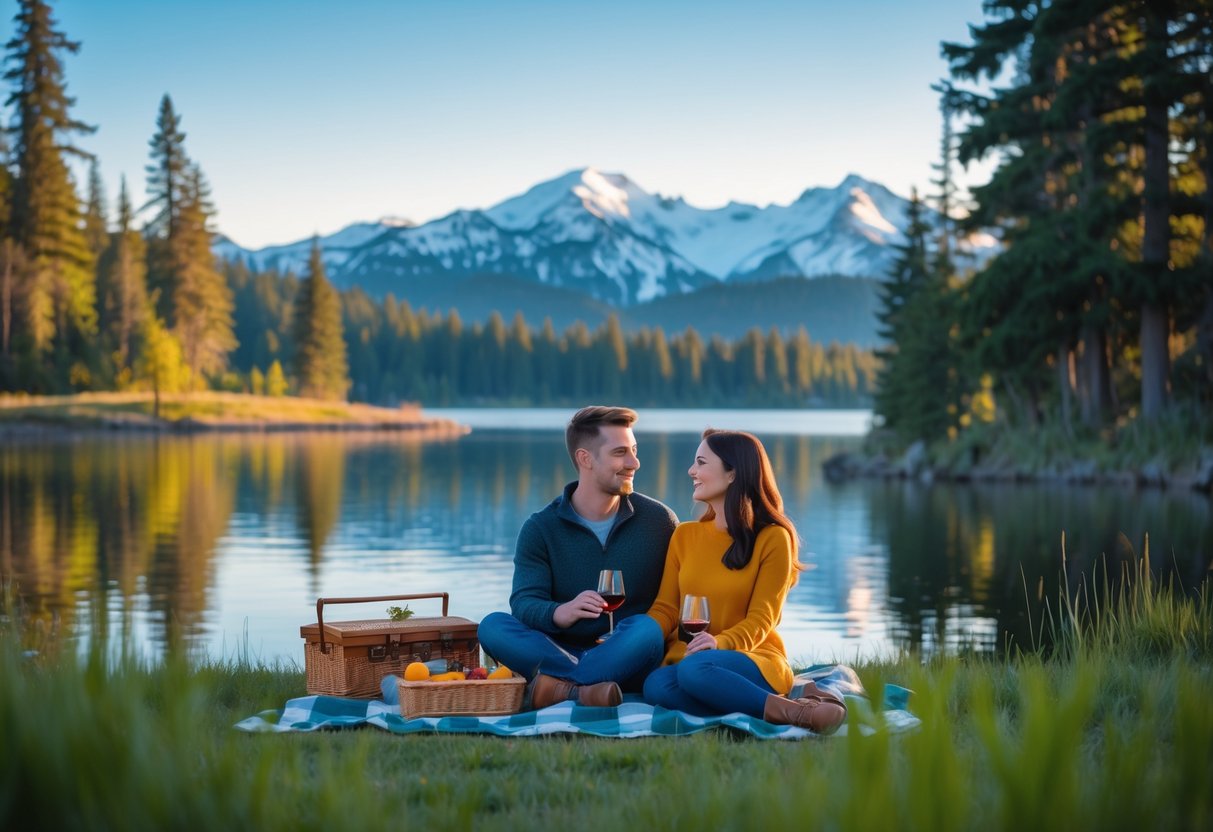 A young couple enjoying a picnic by a lake surrounded by evergreen trees and mountains in Washington State.