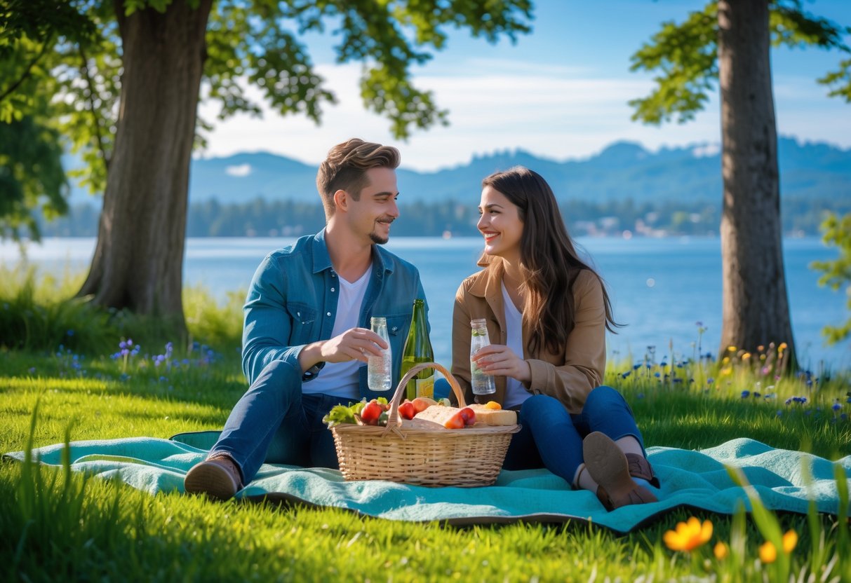 A young couple having a picnic on a blanket in a green park with trees and water in the background.