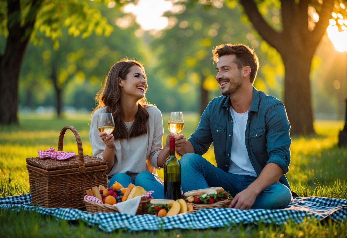 A young couple enjoying an outdoor picnic together in a park, sitting on a blanket surrounded by food and smiling at each other.