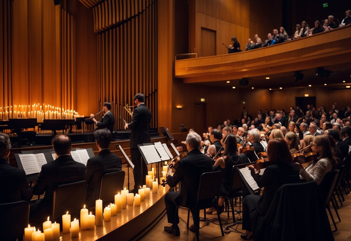 People seated in a concert hall enjoying a live classical music performance illuminated by candlelight.
