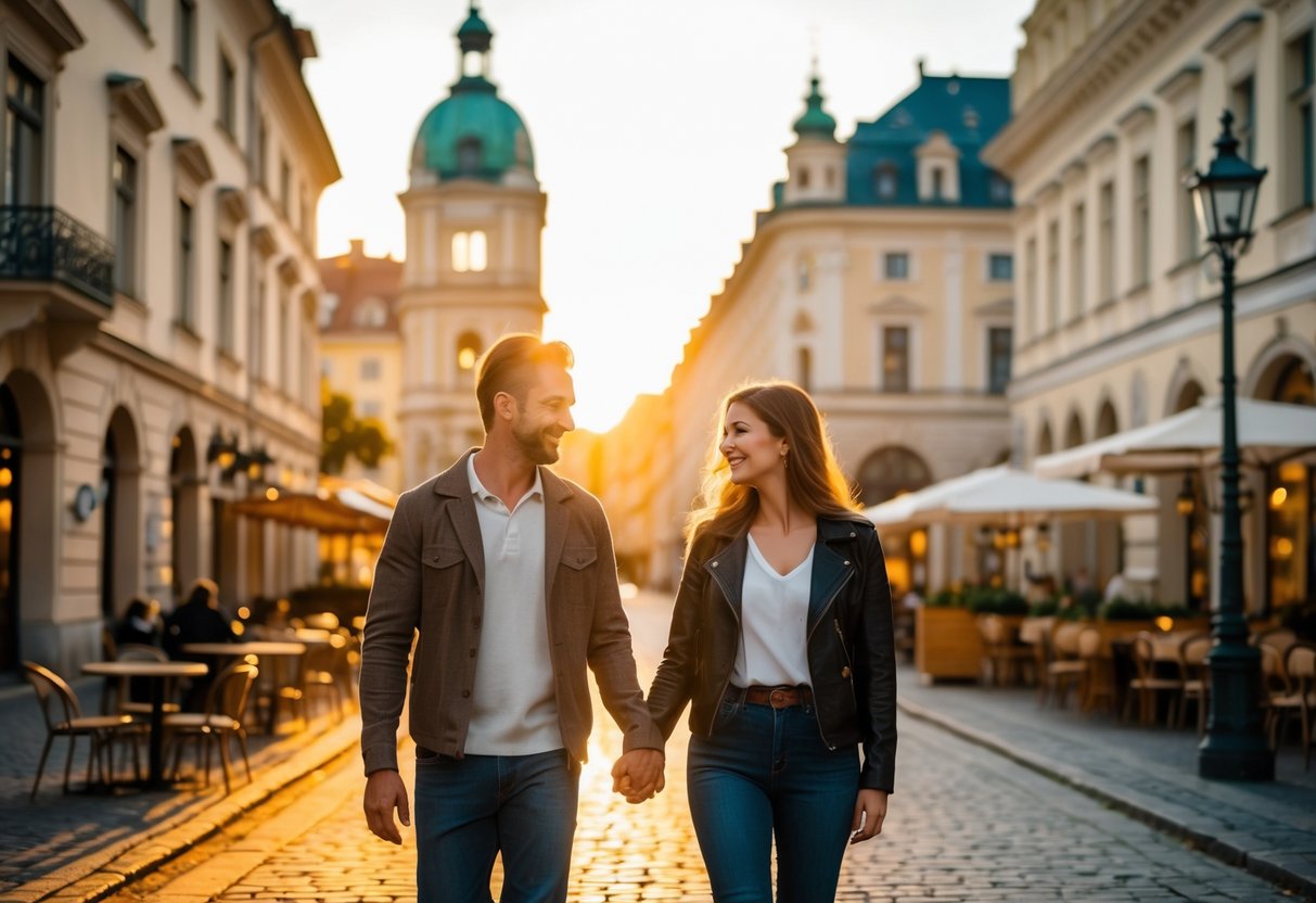 A couple walking hand in hand along a charming street in Vienna with historic buildings and a café nearby.