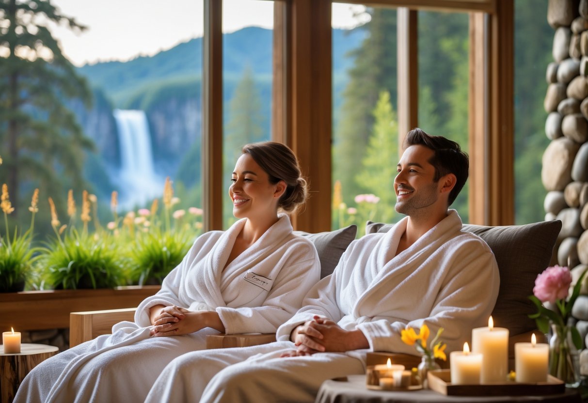 A couple in robes enjoying a relaxing spa day together with a view of a waterfall and forest outside large windows.