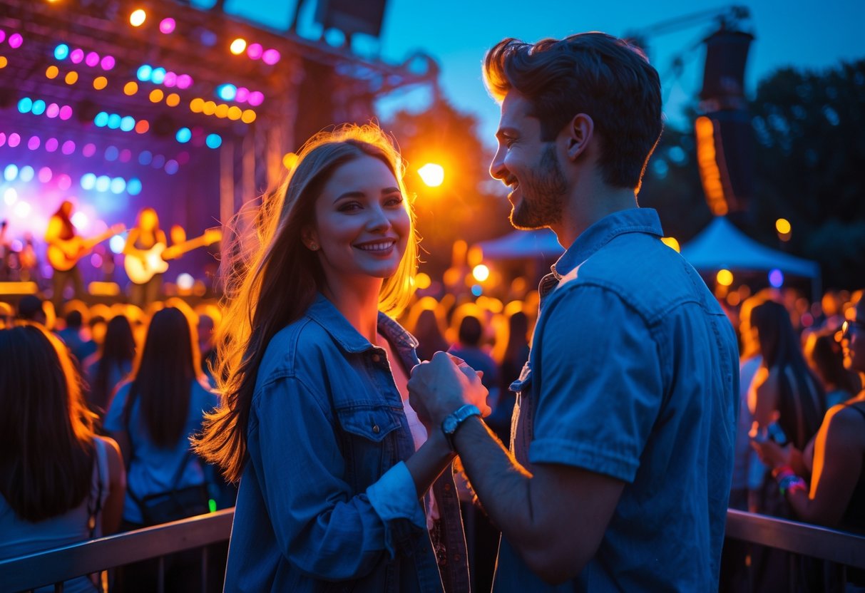 A young couple holding hands and enjoying a live music concert outdoors at sunset with a band performing on stage and a lively crowd around them.