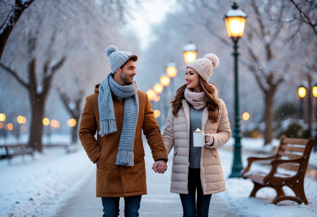 A young couple dressed in winter clothes holding hands and walking along a snowy park path with frosted trees and glowing street lamps, with a bench holding hot cocoa nearby.