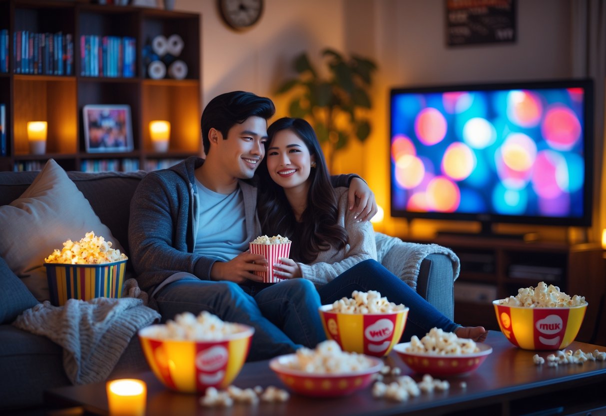 A young couple sitting on a couch enjoying a movie marathon with snacks and cozy blankets in a decorated living room.