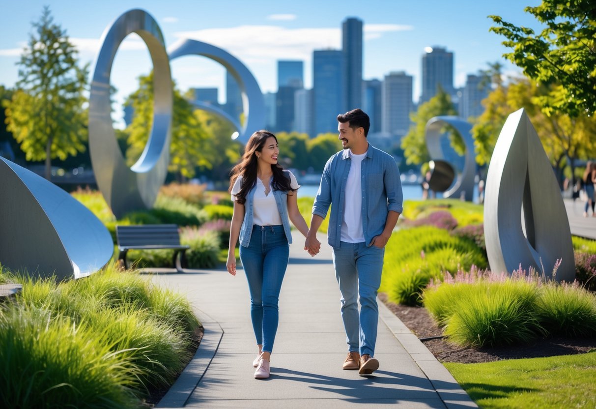 A young couple walking hand in hand along a path in a park with sculptures and city skyline in the background.