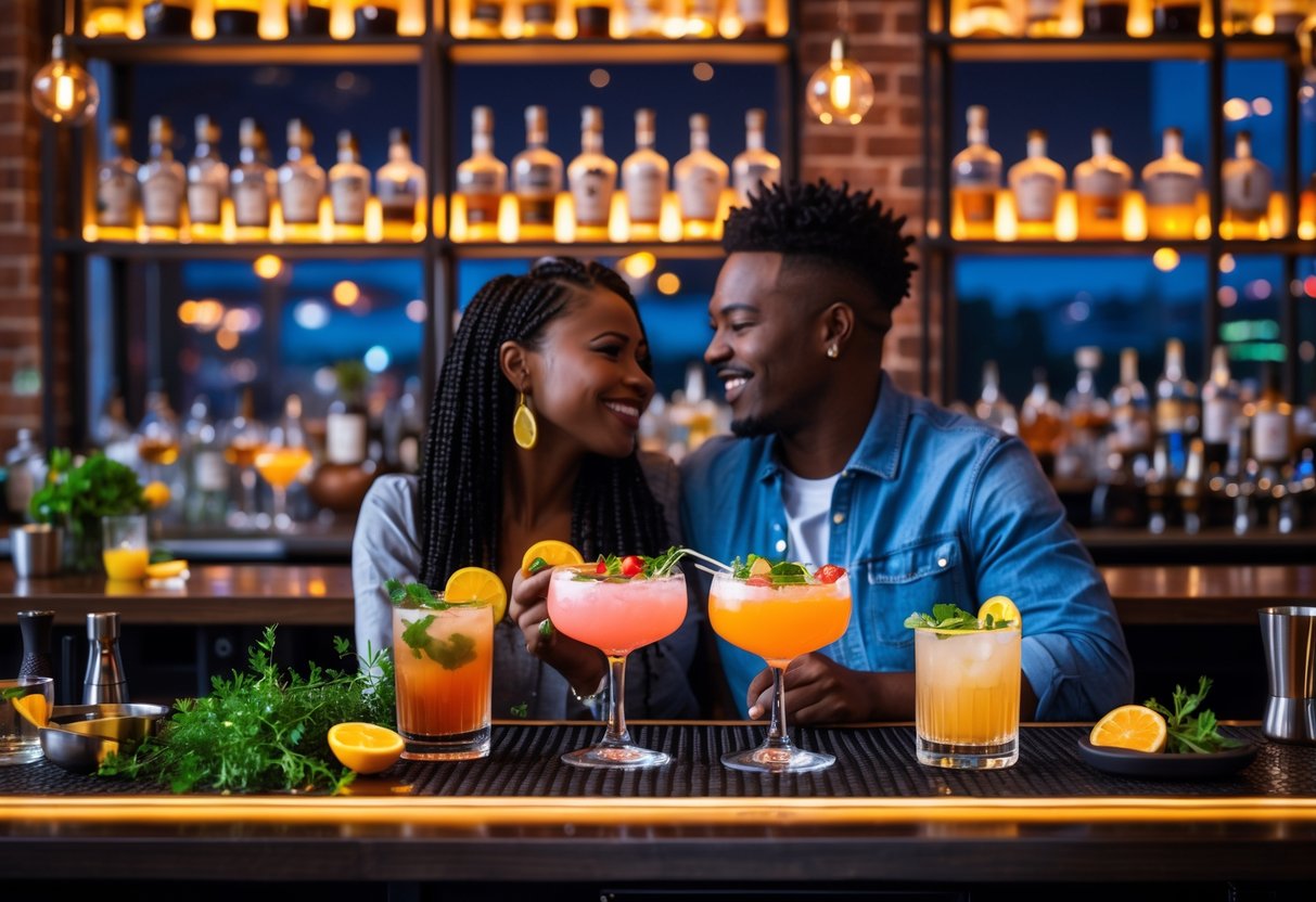 A young couple enjoying craft cocktails together at a stylish bar in Capitol Hill, Washington State.