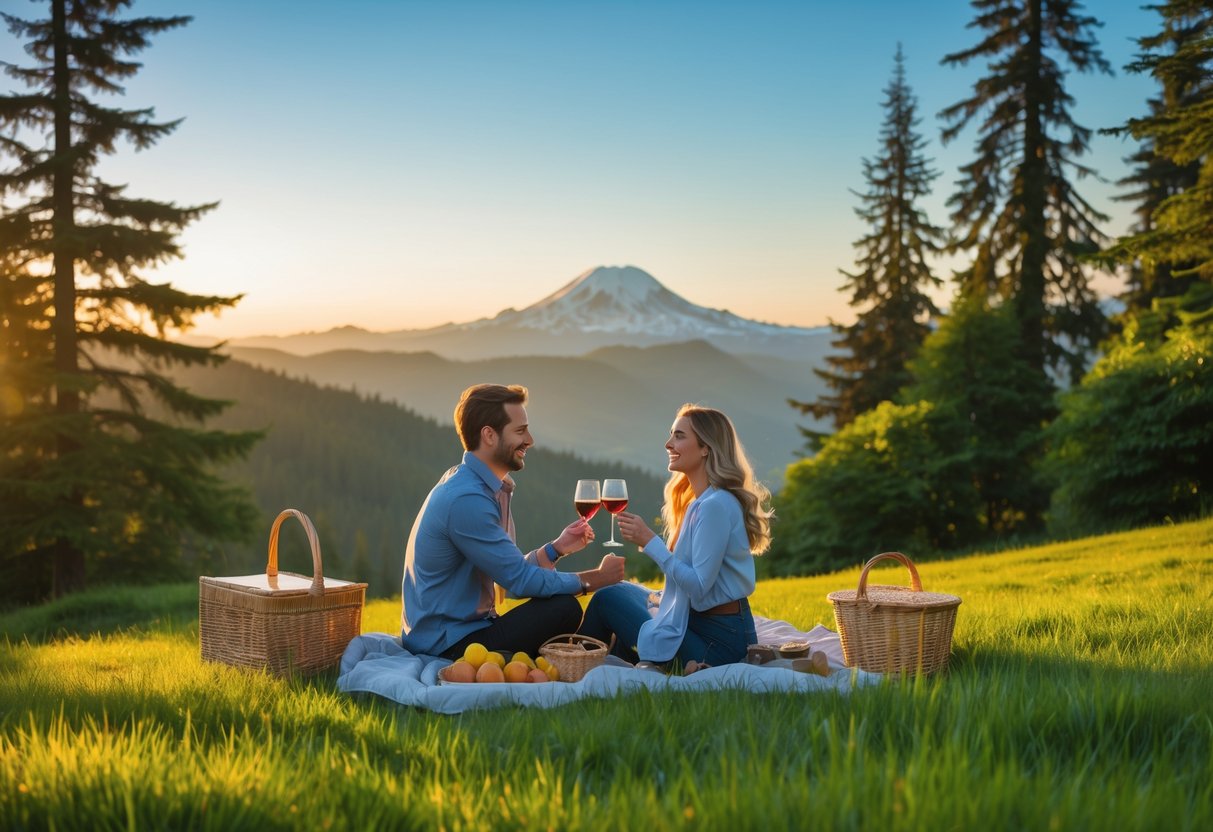 A couple having a picnic on a hillside with Mount Rainier visible in the background during sunset.