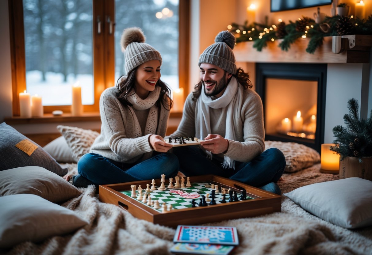A couple playing board games together in a cozy living room with a snowy window in the background.