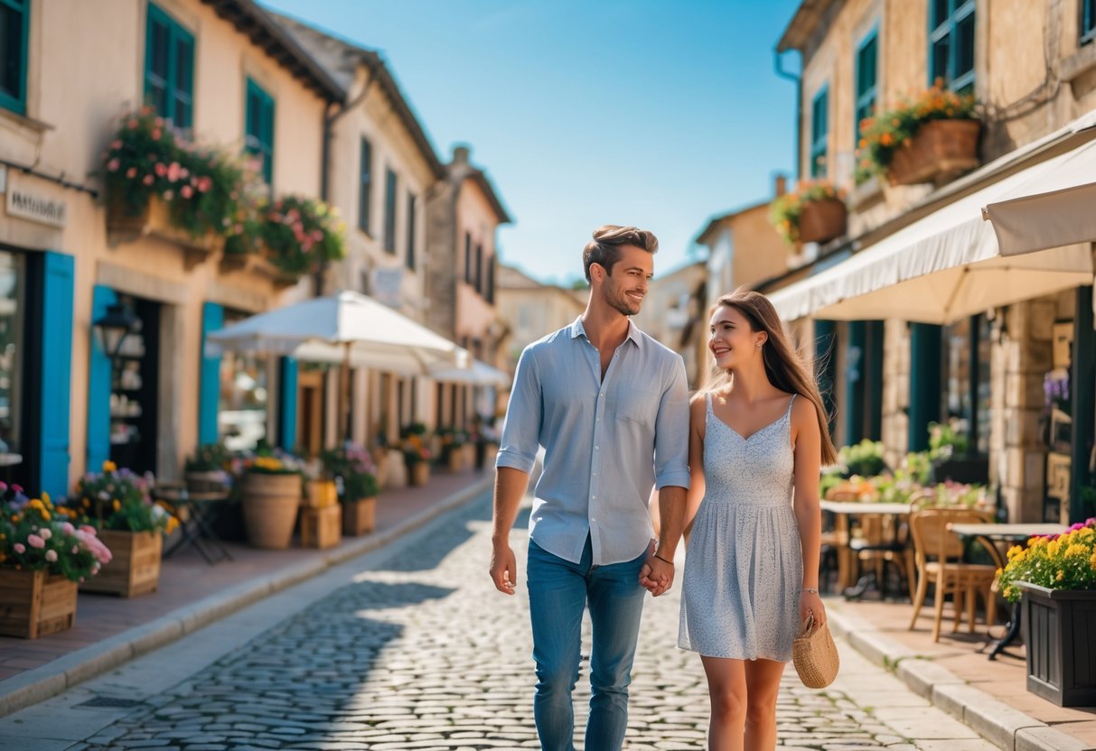 A young couple walking hand in hand along a cobblestone street in a small town with shops and cafes on a sunny day.