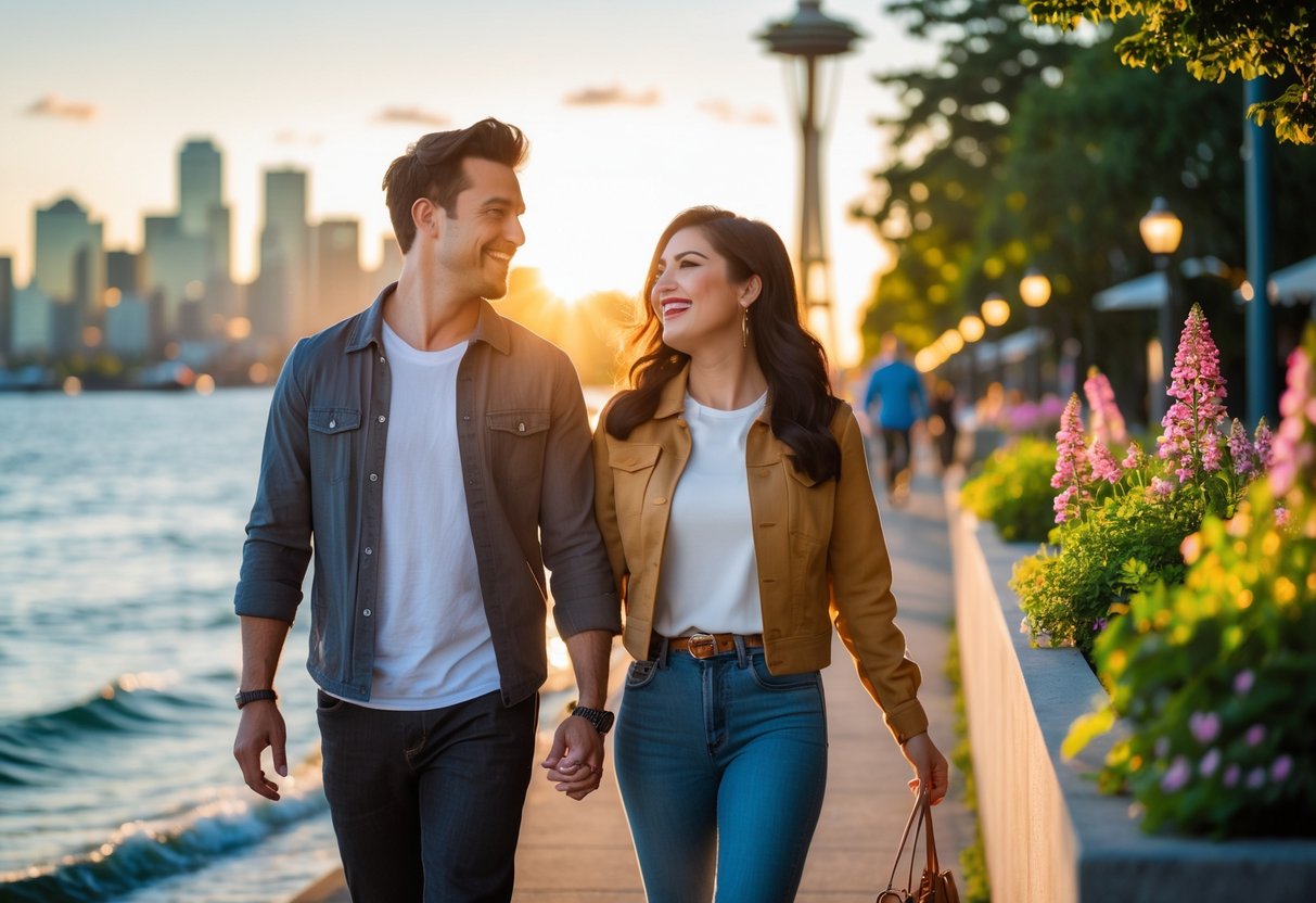 A couple walking hand in hand along a waterfront promenade with the Seattle skyline in the background.