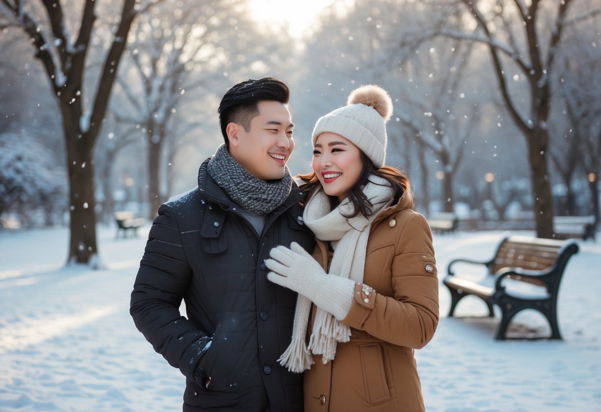 A couple standing close together and smiling in a snowy park surrounded by snow-covered trees.