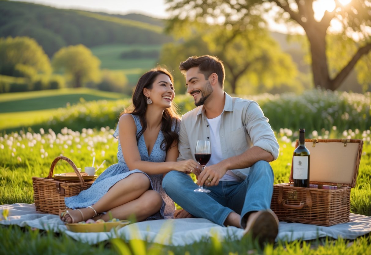 A young couple sitting on a picnic blanket in a park, smiling and enjoying a romantic outdoor date.