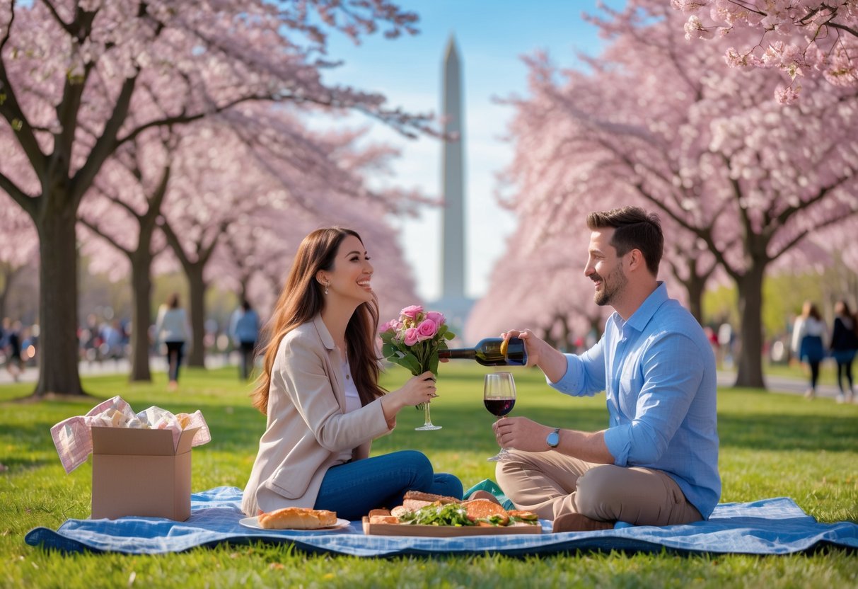 A couple having a picnic near the Washington Monument on a sunny day with cherry blossoms in bloom.