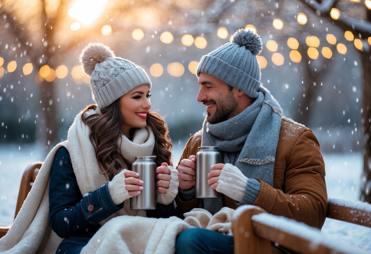A couple sitting closely on a bench outdoors in winter, holding hands and sharing hot drinks surrounded by snow and glowing lights.
