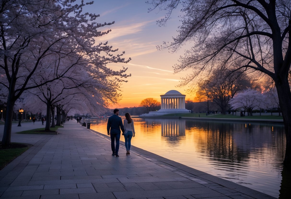 A couple walking along the Tidal Basin at sunset with cherry blossom trees and the Jefferson Memorial in the background.