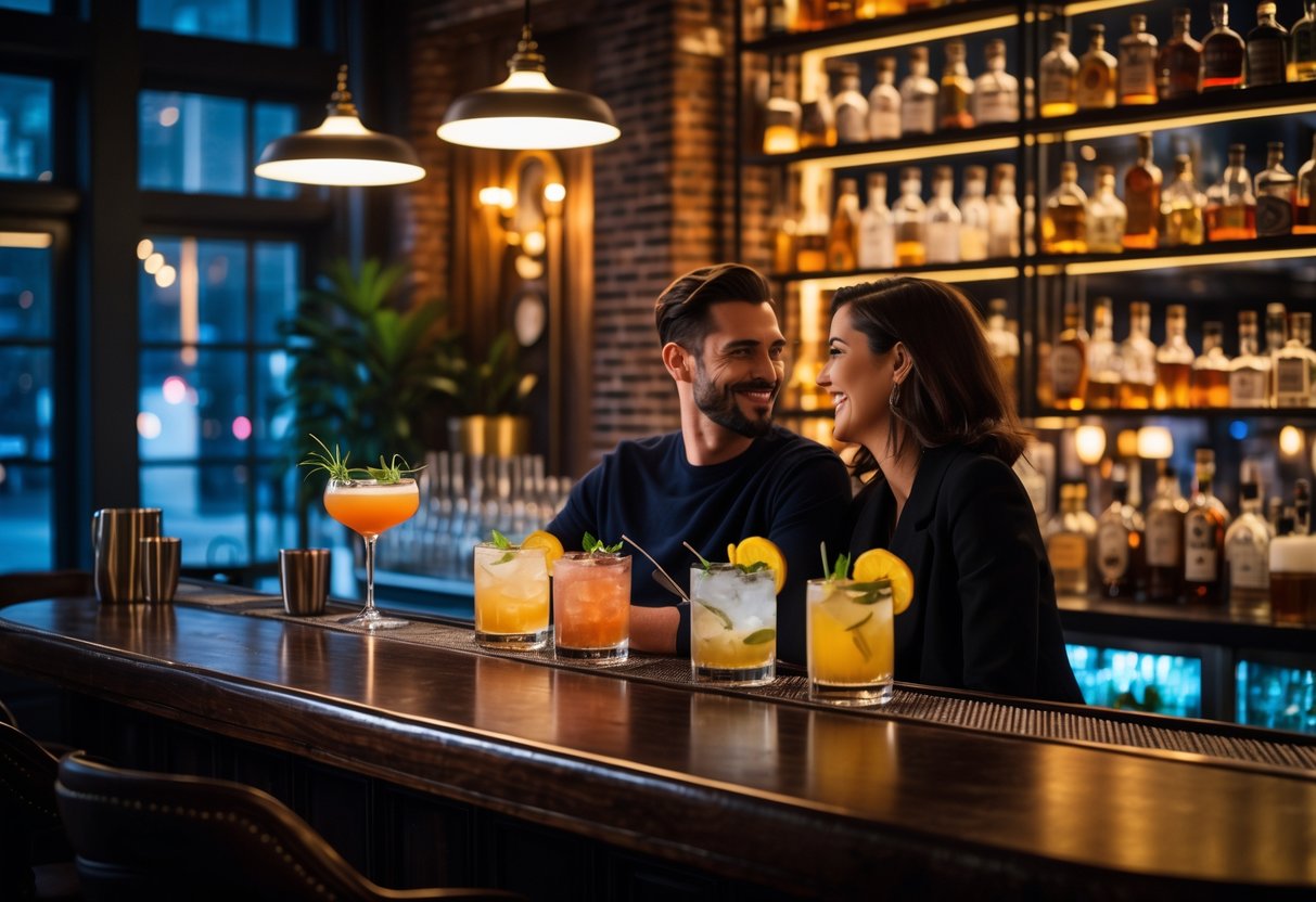 A couple enjoying cocktails together at a cozy, stylish bar with warm lighting and elegant decor.