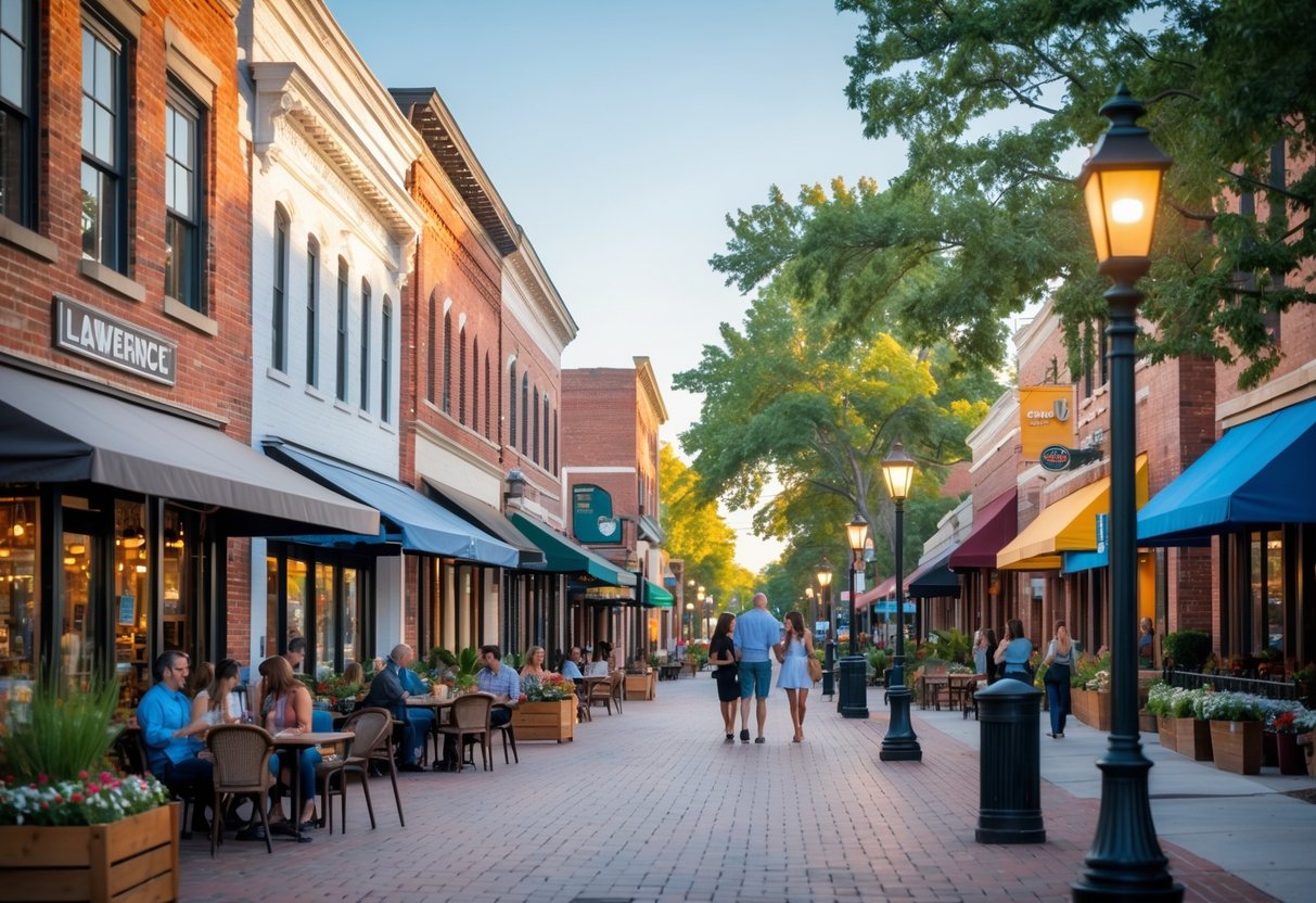 People walking and sitting at outdoor cafés on a sunny day along a tree-lined street with historic brick buildings in downtown Lawrence, Kansas.
