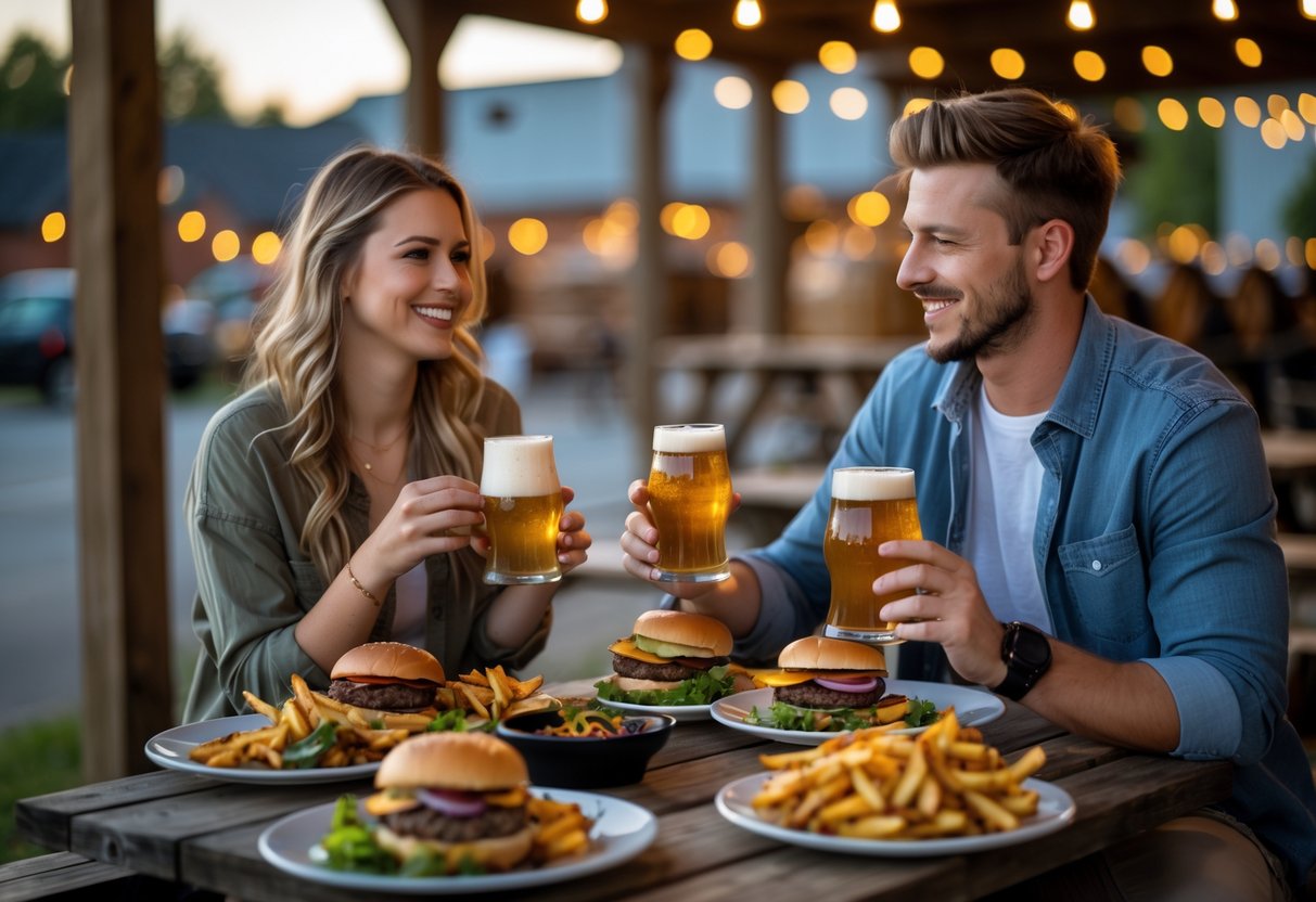 A young couple enjoying burgers and craft beers at an outdoor table at a brewery restaurant.