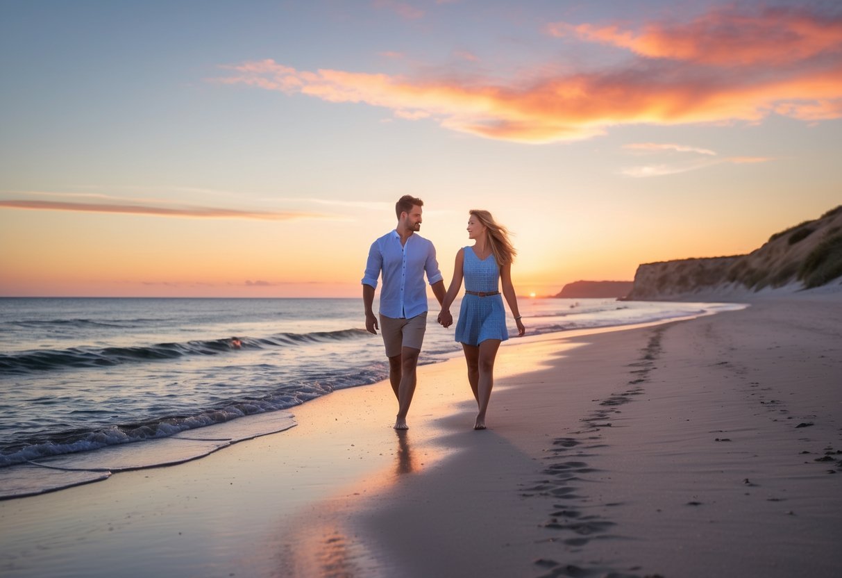 A young couple walking hand-in-hand along a sandy beach at sunset with gentle waves and a colorful sky.