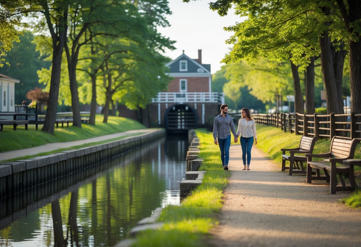 A couple walking hand-in-hand along a tree-lined path beside a calm canal with a historic lockhouse in the background.