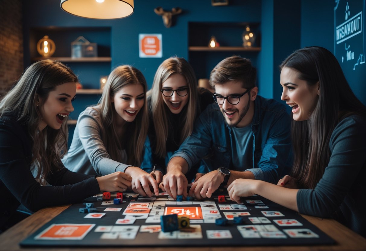 A group of young adults working together on puzzles in an escape room setting.