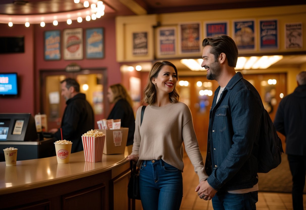 A couple smiling and holding hands inside a warmly lit movie theater lobby with vintage decor and classic movie posters.