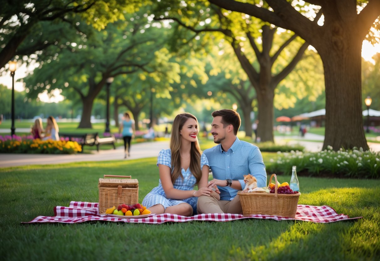 A young couple enjoying a picnic on a blanket in a green park with trees and flowers around them.