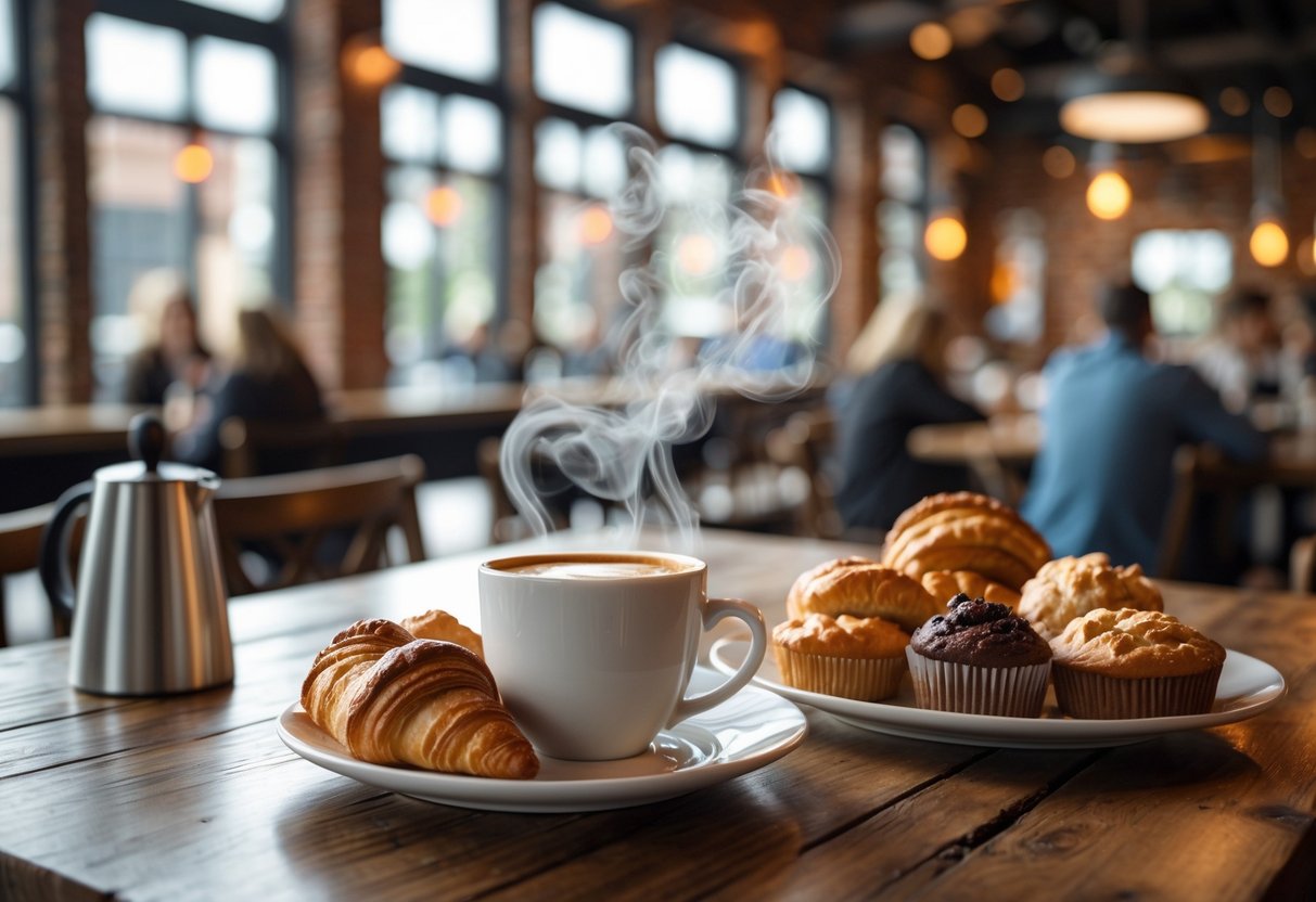 A table with a cup of coffee and assorted pastries inside a cozy brewery with exposed brick walls.
