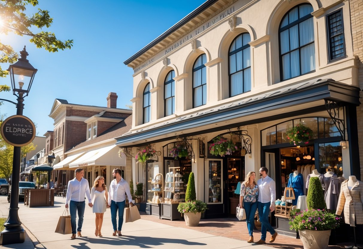 Couples and friends browsing shops outside a historic hotel on a sunny day in Lawrence, Kansas.