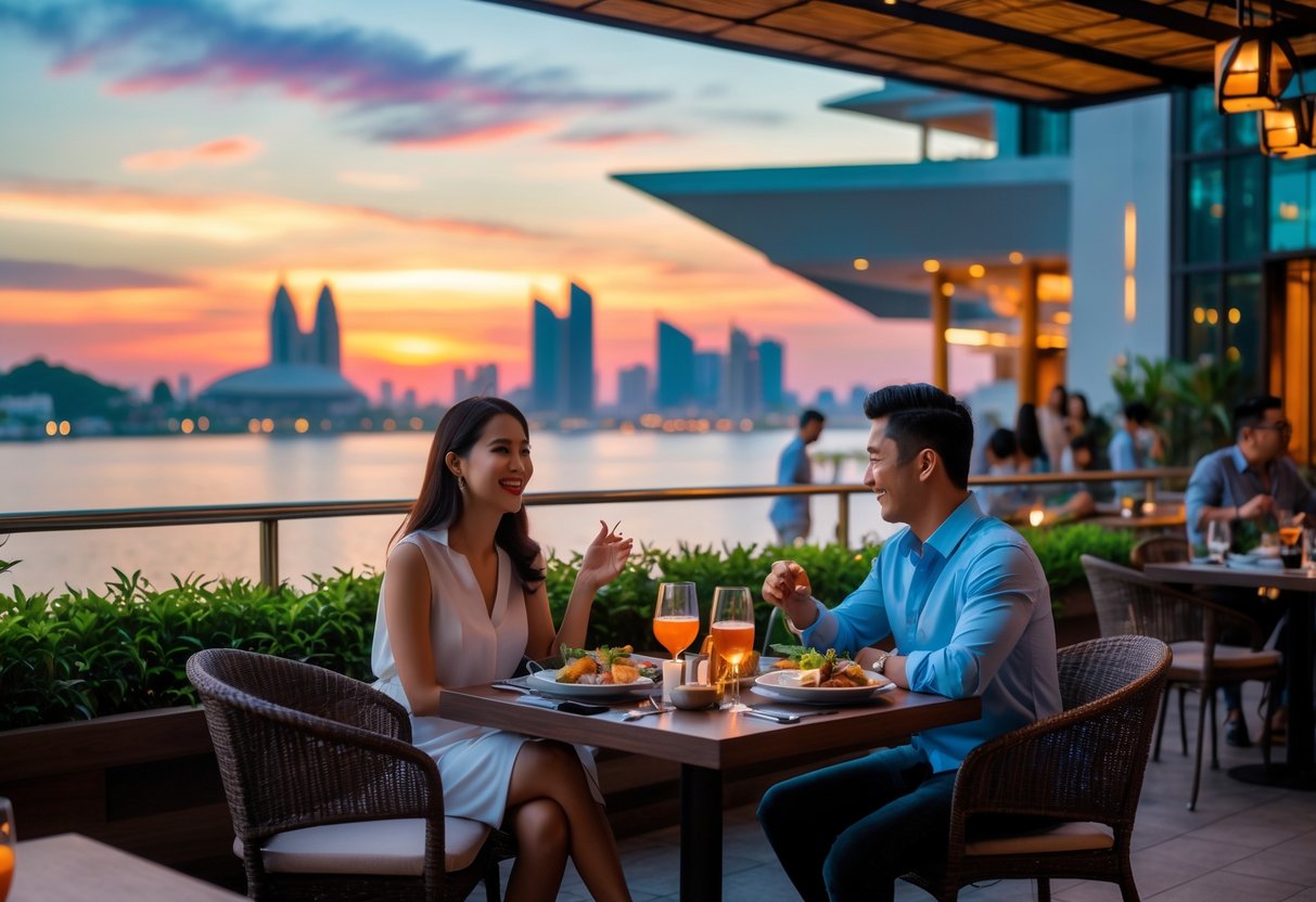 A young couple dining outdoors at Ayala Malls Manila Bay with a sunset over the bay in the background.