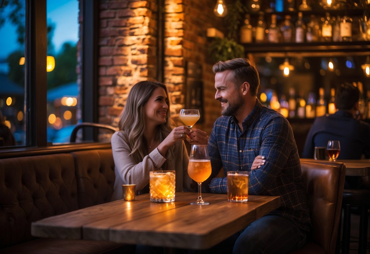 A couple enjoying drinks together in a warmly lit cozy bar interior with wooden tables and brick walls.