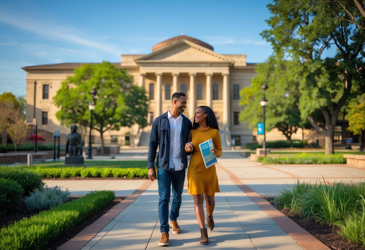A couple walking hand-in-hand near the historic Watkins Museum of History surrounded by trees and gardens.