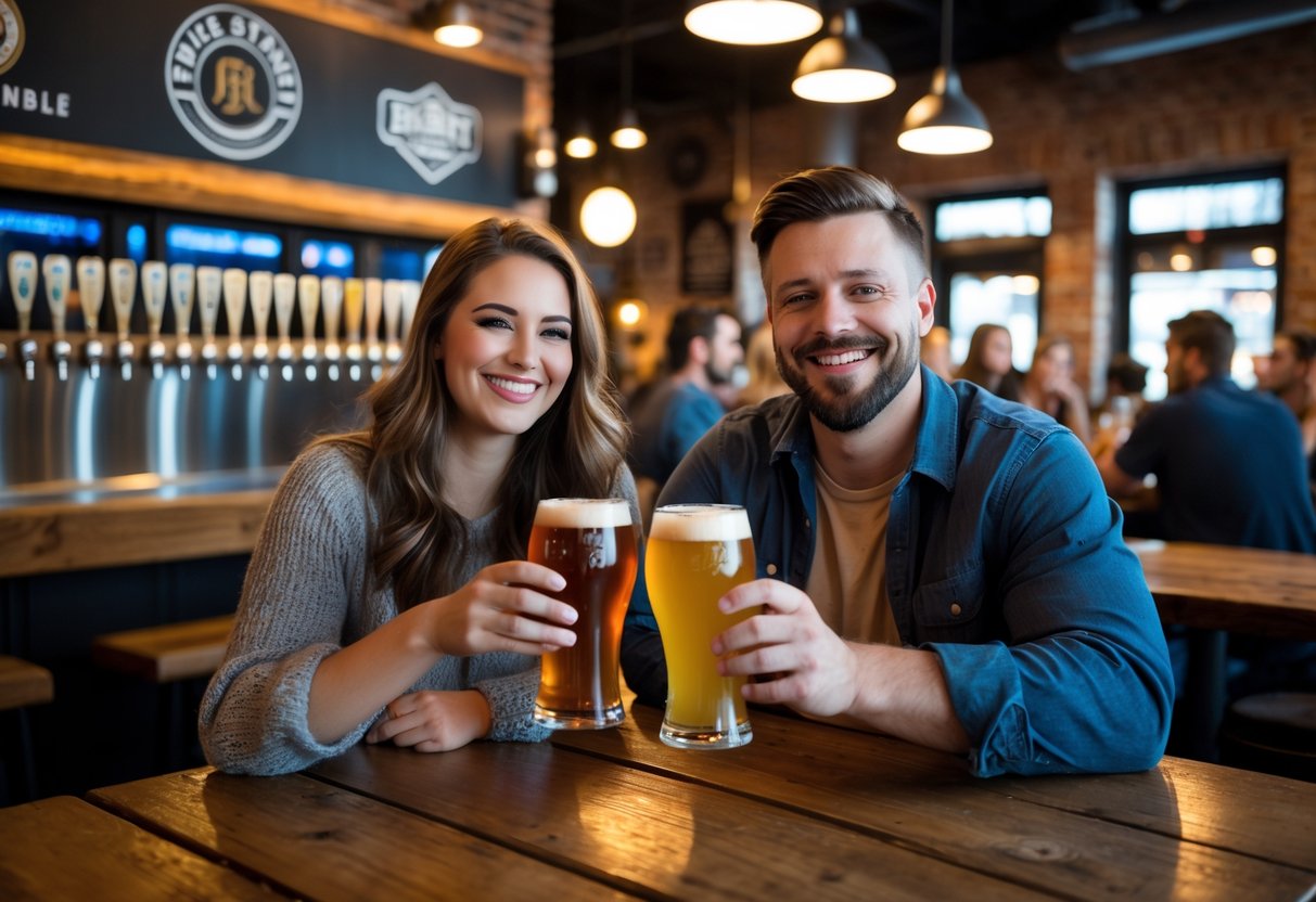 A young couple clinking glasses of craft beer at a cozy brewery with wooden tables and a warm atmosphere.