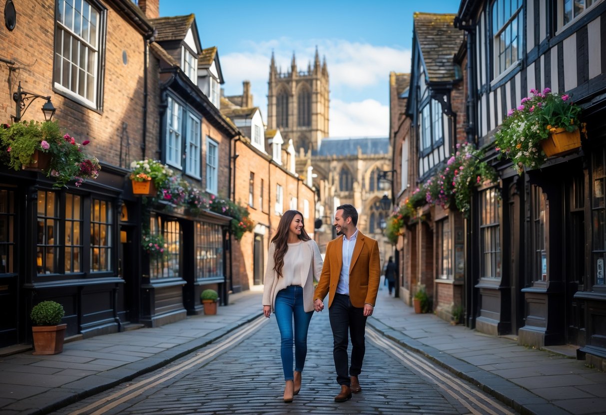 A couple holding hands and walking along a cobblestone street lined with historic buildings and flowers, with a large cathedral visible in the background.