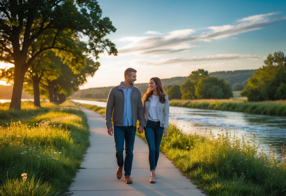 A couple walking hand in hand along a tree-lined river trail with the Kansas River visible beside them.