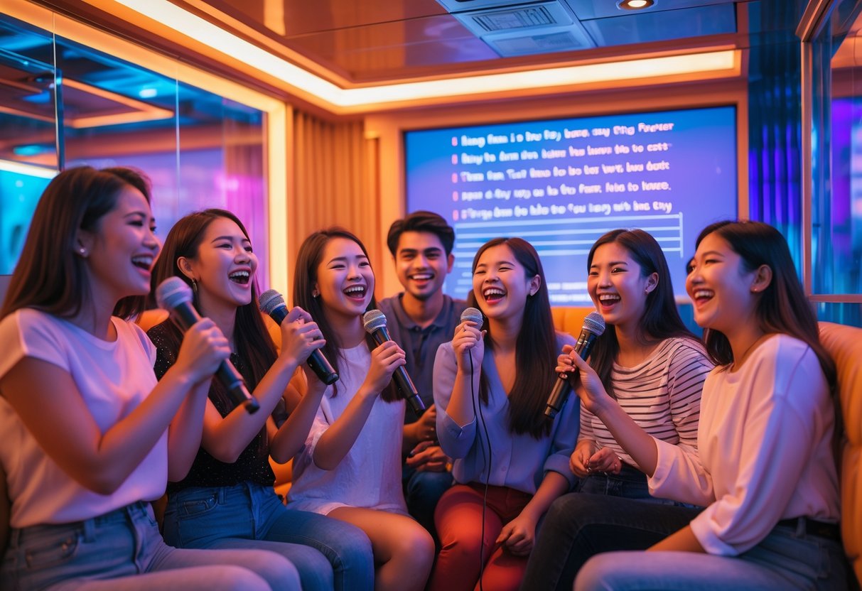 A group of friends singing and having fun together in a cozy karaoke room at a mall.