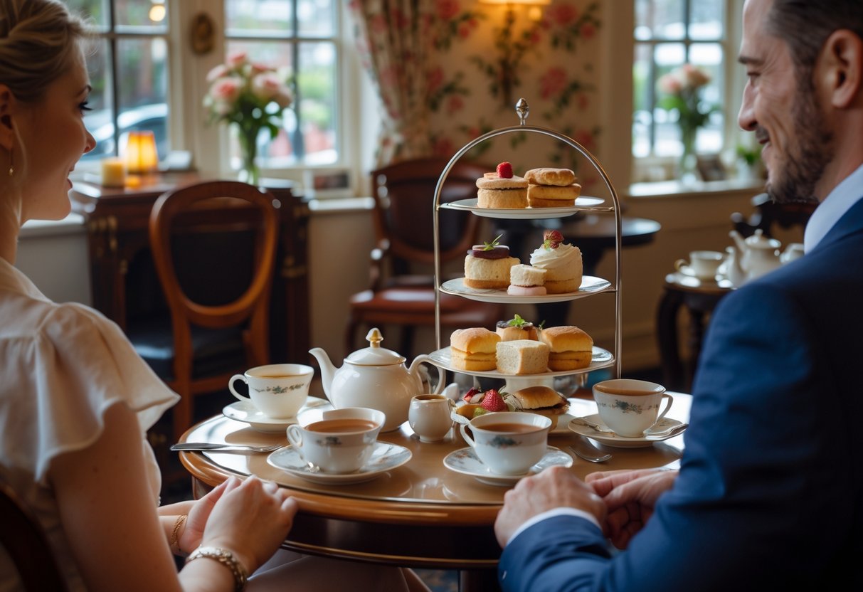 A cozy table set for two with tea, pastries, and flowers inside a charming café.