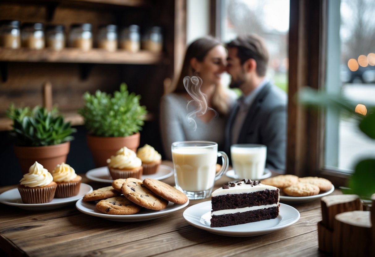 A cozy café table with assorted cookies, cupcakes, chocolate cake, coffee, and milk, with a couple enjoying desserts in the background.