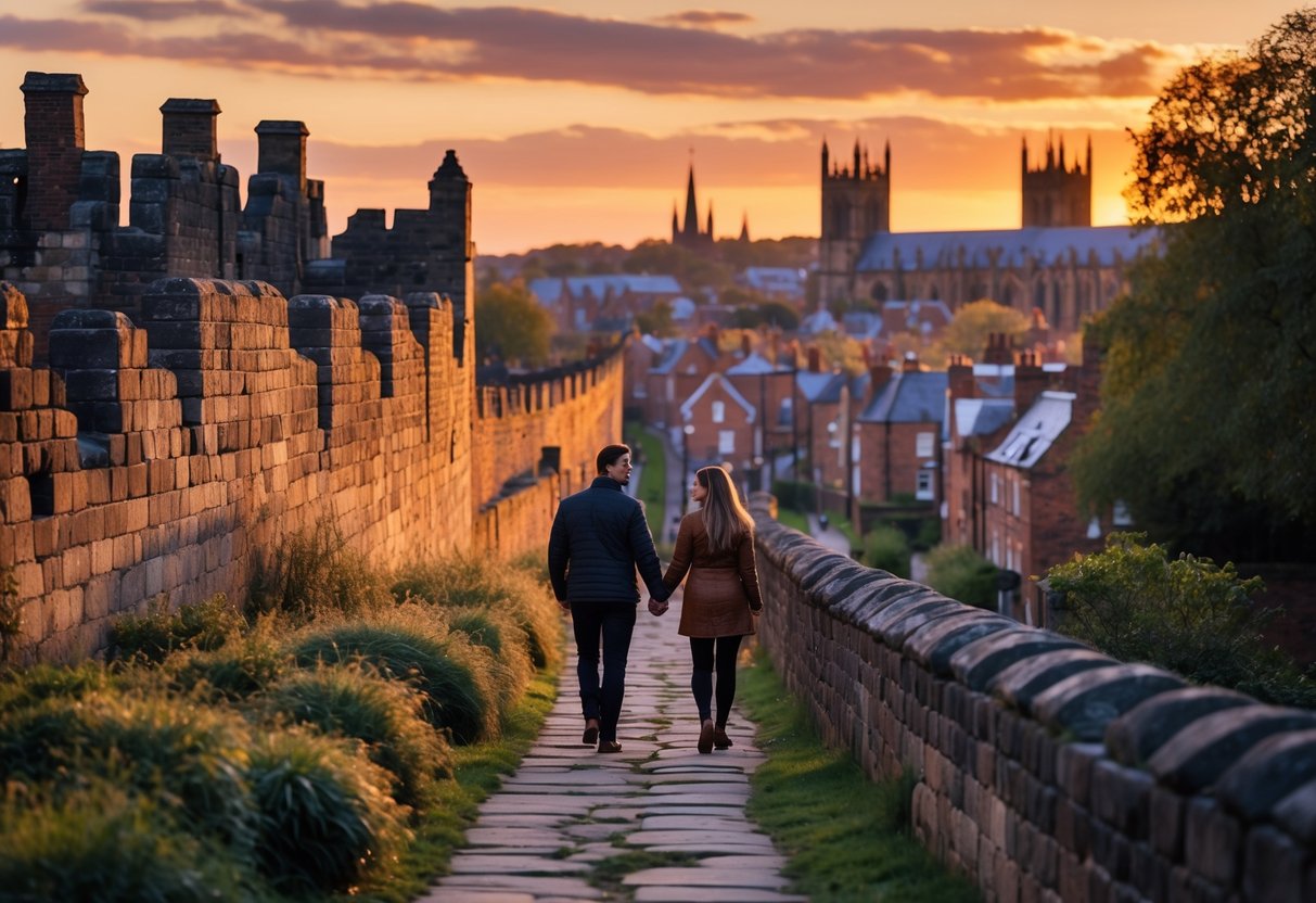 A couple walking hand-in-hand along York's historic city walls at sunset with a colorful sky and city buildings in the background.