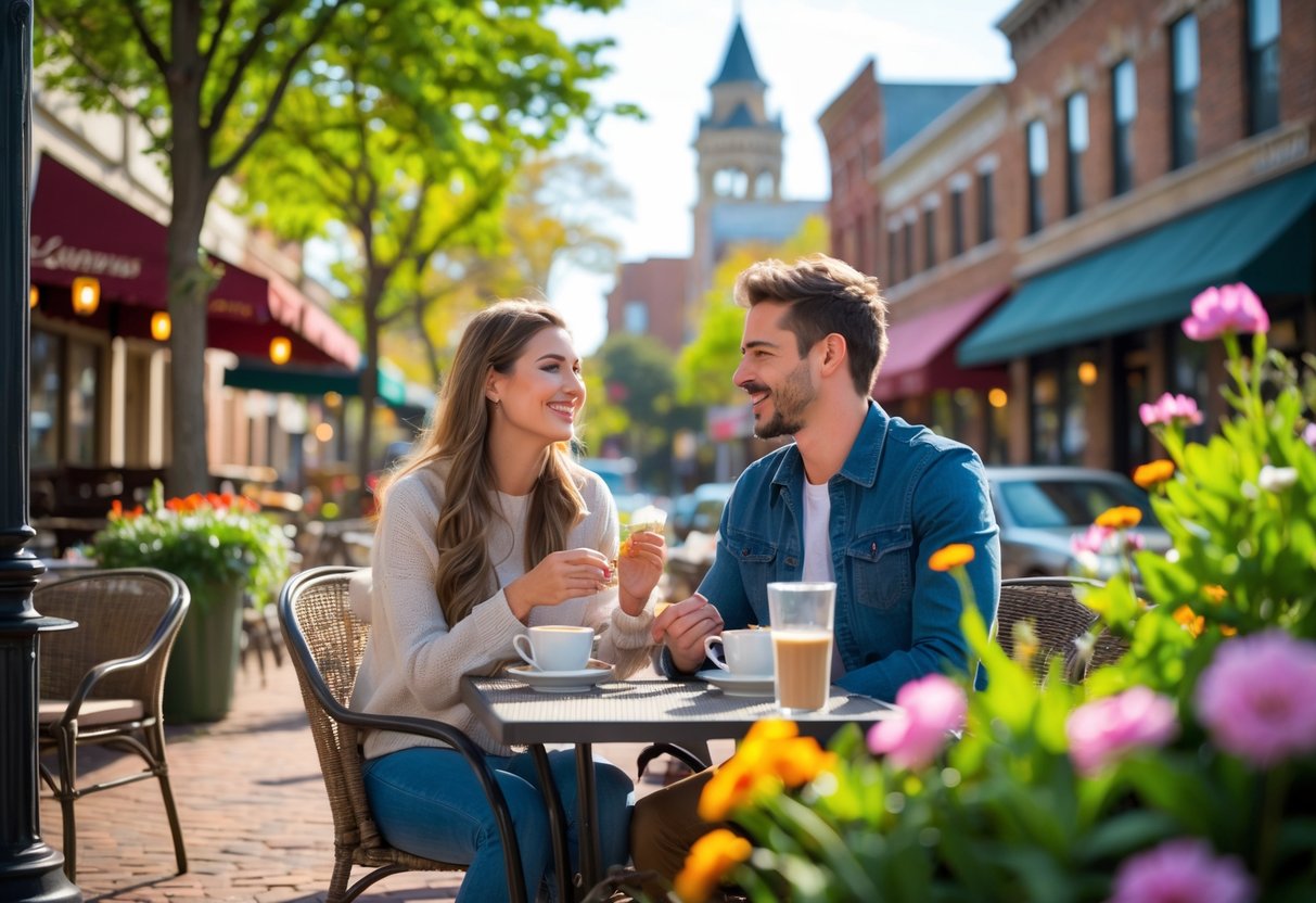 A young couple enjoying coffee together at an outdoor café on a tree-lined street in Lawrence, Kansas, with local buildings in the background.
