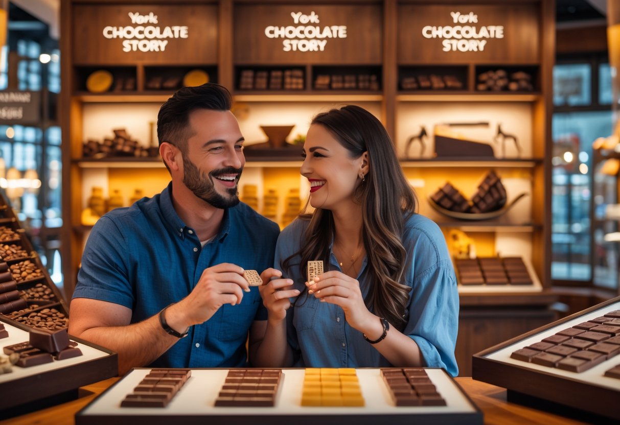 A couple smiling and enjoying interactive chocolate exhibits inside a museum.
