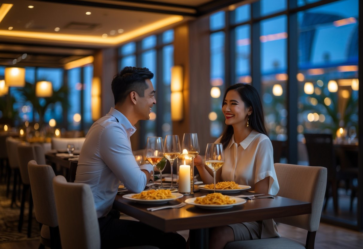 A couple enjoying a romantic dinner at an Italian restaurant inside a mall, with elegant table setting and warm lighting.