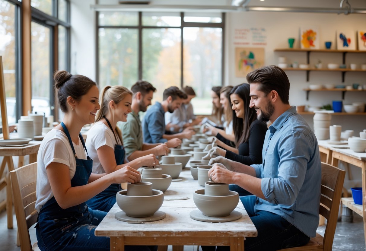 Couples working together on pottery wheels in a bright art studio during a pottery class.