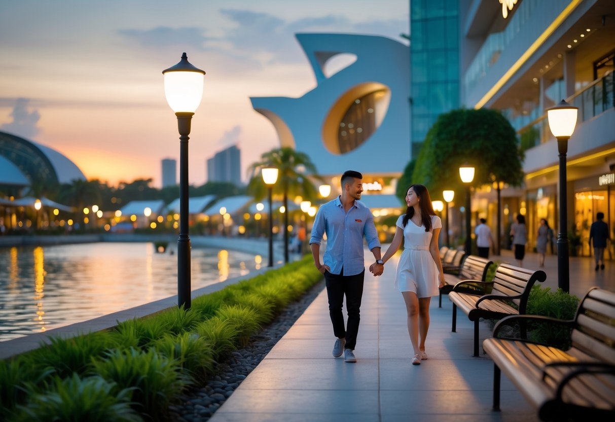 A couple walking hand in hand along a waterfront promenade near a modern mall during sunset.