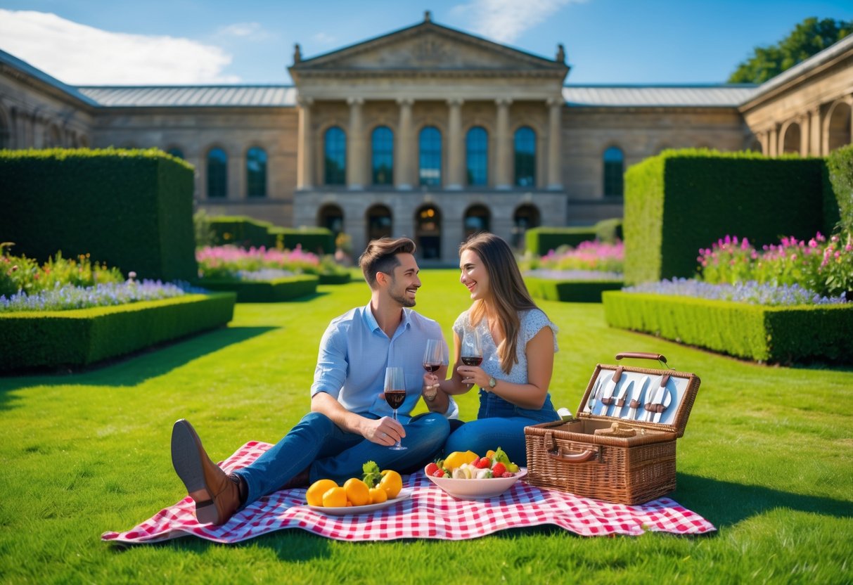 A young couple enjoying a picnic on a blanket in a garden with flowers and a historic museum building in the background.