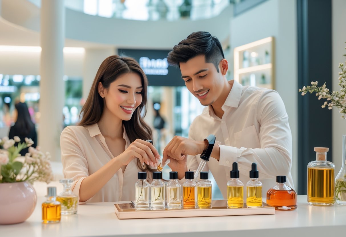A young couple making a custom fragrance together at a perfume studio inside a mall.