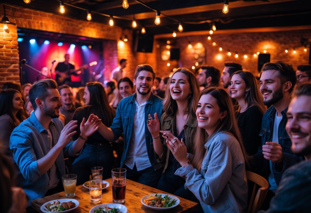 A group of people enjoying a live music performance at The Crescent with a band playing on stage and an engaged audience in a warmly lit venue.